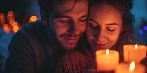 Canvas Print - Loving Couple Cuddling by Candlelight During Power Outage in Cozy Intimate Home Setting