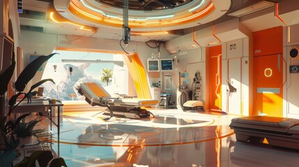 Aufkleber - A captivating illustration of a futuristic hospital, blending advanced technology with a warm and inviting atmosphere.