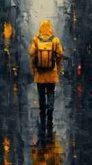 Sticker - A person walking down a street with yellow rain jacket, AI