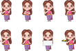 Character of traditional dress Thai girl or young woman gesture poses. Cartoon vector hand drawn chibi doodle style. Welcome to Thailand concept.