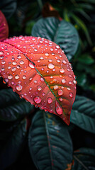 Sticker - A leaf with raindrops on it. The leaf is red and green. The raindrops are small and scattered