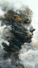 Wall Mural - A woman's face is shown in a painting, with trees and clouds in the background. The painting has a dreamy, surreal quality to it, with the woman's face appearing to be made of trees and the sky