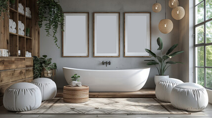 Wall Mural - a bathroom with a bathtub , frame mockup and mirror