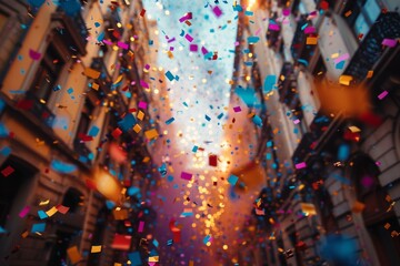 Poster - Abundance of vibrant confetti falls in a narrow street between tall buildings, giving a festive and celebratory mood to the urban scene