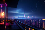 Fototapeta Tulipany - futuristic balcony overlooking a dystopian cityscape digital rain falling led lights illuminating, night view of the city background
