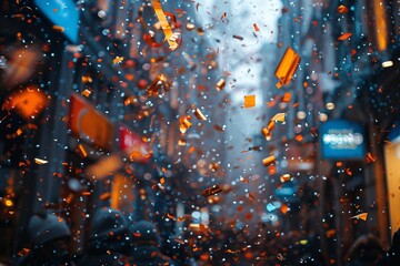 Poster - An urban street scene deeply immersed in the celebration with confetti and street lights enriching the festive mood
