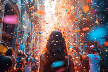 Poster - A joyful woman celebrating with confetti around, showing the lively vibes of a festive event with vibrant colors and dynamic energy