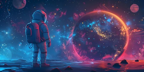 Wall Mural - a space traveler contemplating the mysteries of time and space in an awe inspiring cosmic landscape