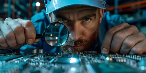 Poster - Engineer Carefully Inspecting Circuit Board with Magnifying Glass Investigating Technical Details
