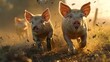 Dramatic sunset showdown  two determined piglets engage in fierce battle on farm hills