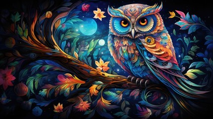  a image whimsical illustration of a wise old owl perched on a mystical tree branch, AI Generative