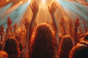 Wall Mural - Overwhelmed with excitement, a crowd raises their hands at a concert, capturing the energy and thrill of live music events