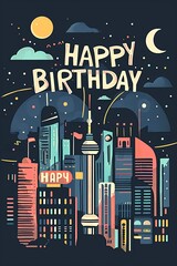 Poster - Stylized birthday card with an urban skyline, festive balloons, and 'Happy Birthday' message, ideal for city lovers.