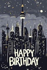 Poster - Stylized birthday card with an urban skyline, festive balloons, and 'Happy Birthday' message, ideal for city lovers.