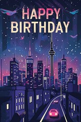 Poster - Stylized birthday card with an urban skyline, festive balloons, and 'Happy Birthday' message, ideal for city lovers.