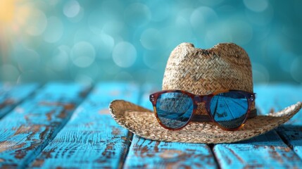 Poster - A straw hat with sunglasses on top of a wooden table, AI