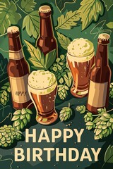 Sticker - A celebratory image of craft beer bottles and frothy mugs, surrounded by lush hops - ideal for birthday wishes to beer enthusiasts.