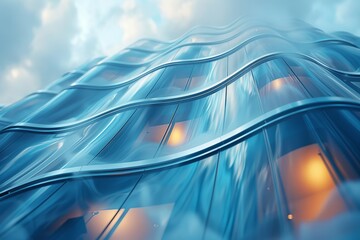 Poster - The image shows a modern, architectural marvel with undulating glass that creates a sense of movement and fluidity