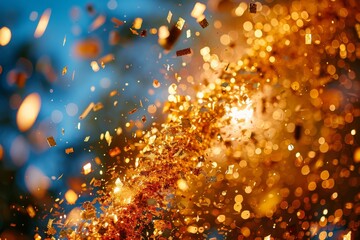 Poster - Radiant golden sparkles explode like confetti, creating a festive, celebratory atmosphere perfect for special occasions