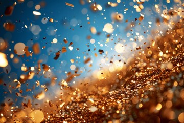 Poster - This image captures the dynamic flow of golden confetti against a vibrant blue sky, symbolizing celebration and jubilation