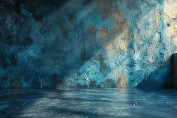 Poster - An artistic image capturing the rough texture of a blue wall with golden sunlight casting dynamic shadows