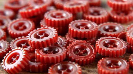 Poster - A pile of red plastic gears on a wooden table, AI