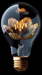 Wall Mural - A light bulb with a flower inside of it on black background, AI