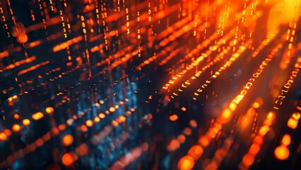 Poster - Glowing data binary code background with digital particles and orange lights
