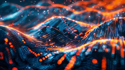 Poster - Glowing data binary code background with digital particles and orange lights