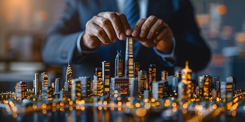Poster - Visionary Urban Architect Designing Futuristic Cityscape with Ambitious Skyscrapers and Glowing Lights