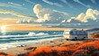 a picture Extraordinary Muted Art in the style, Camper parked along a sandy beach, sand dunes with beach grass and ivy, AI Generative
