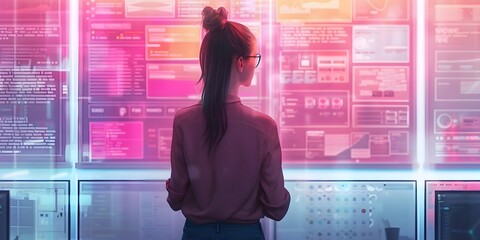 Aufkleber - digital workspace interface silhouette with futuristic neon lighting