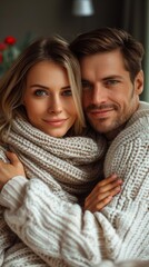 Poster - A man and woman in a sweater hugging each other, AI