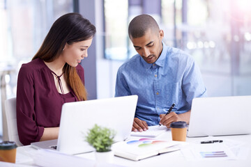 Wall Mural - Team, office and planning with people or laptop, diversity and coworkers or web designer with online project idea. Collaboration, together and technology or information, writing or notes for research