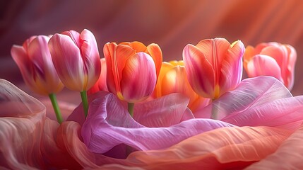 Wall Mural - create a vivid depiction of vibrant tulips draped with sheer, embroidered silk. emphasize the transl