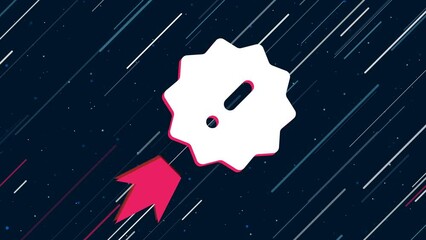 Poster - Warning symbol flies through the universe on a jet propulsion. The symbol in the center is shaking due to high speed. Seamless looped 4k animation on dark blue background with stars
