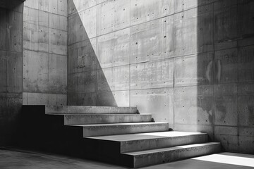 Poster - This image focuses on a minimalistic concrete staircase, with an emphasis on the play of light and shadow on its surfaces
