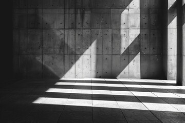 Poster - A monochromatic image showcasing the interplay of light and shadow cast across a concrete wall and textured floor