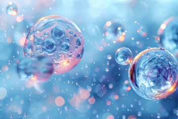 Poster - Vivid blue spheres float in a translucent space, reflecting light gracefully in an abstract, dreamlike setting
