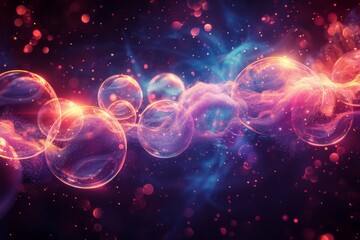 Poster - Illustration of glowing orbs connected by swirls of energy against a dark backdrop, representing connectivity and flow