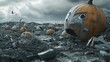 3D realistic visualization of a landfill, trash items with tearful faces, under a gloomy sky