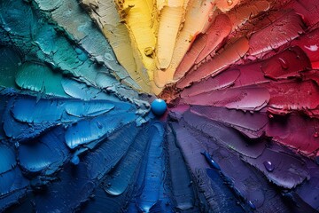 Poster - An up-close texture view of a color wheel with vibrant multicolored oil paints, highlighting the artistry of paint mixing