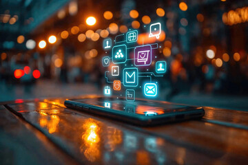 Wall Mural - A phone screen shows a variety of social media icons, including Facebook