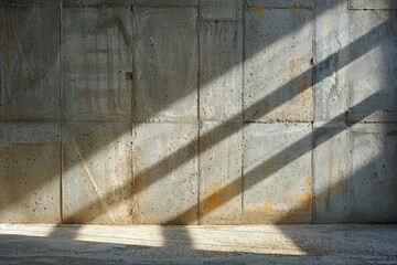 Poster - The image captures the play of sunlight creating geometric shadows on a textured concrete wall, giving a sense of urban calm
