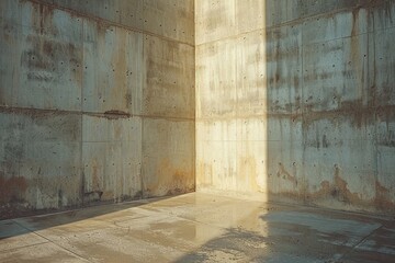 Poster - Warm tones fill the scene as sunlight streams into a deserted, concrete interior, invoking a feeling of silence and abandonment