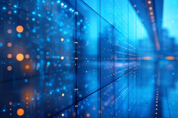 Poster - Abstract patterns of blue lights reflecting off the sleek, modern facade of a building, showing a fusion of technology and design