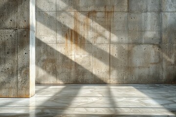 Poster - Sunlight pierces through creating elongated shadows across a concrete wall and floor, emphasizing structure