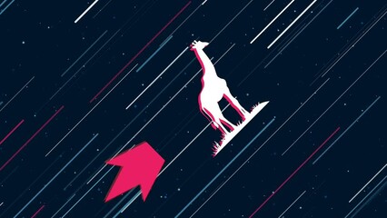Wall Mural - Giraffe symbol flies through the universe on a jet propulsion. The symbol in the center is shaking due to high speed. Seamless looped 4k animation on dark blue background with stars
