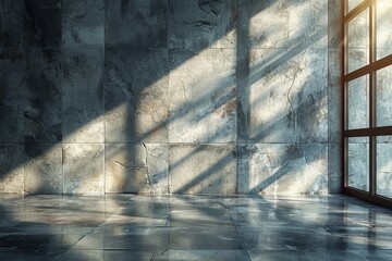 Poster - The play of sunlight through a window casting sharp shadows on a textured concrete wall offers a minimalistic scene