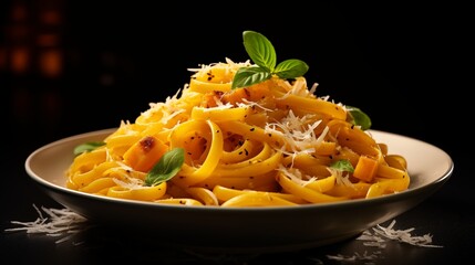 butternut squash pasta garnished with basil leaves and shaved Parmesan cheese on a white plate with a dark background.